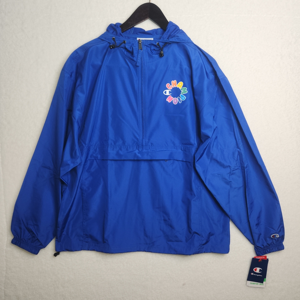 Women's Champion Packable Wind Jacket Hood & Zip Pouch Sz Lg Vibrant Blue Color